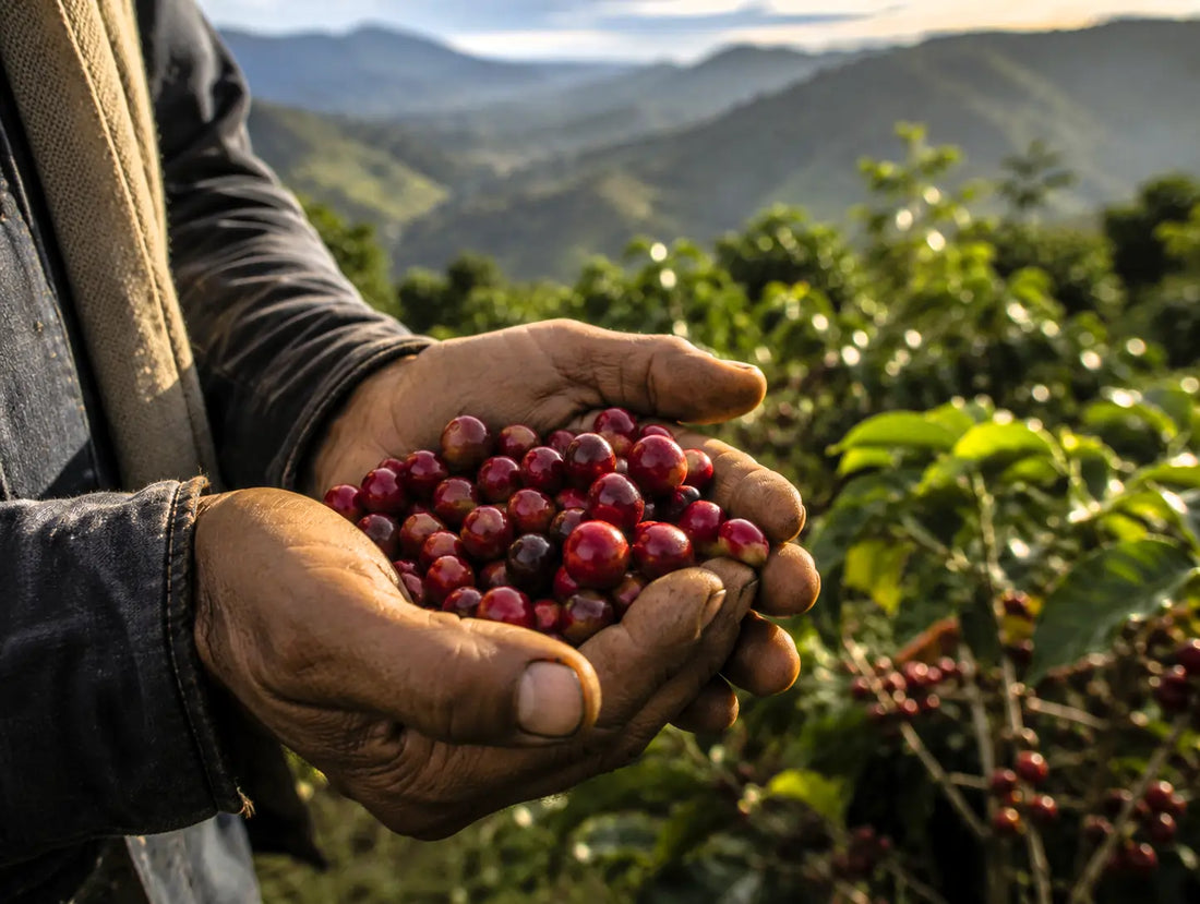 Hands holding freshly picked ripe coffee cherries on a coffee farm – the first step in coffee processing