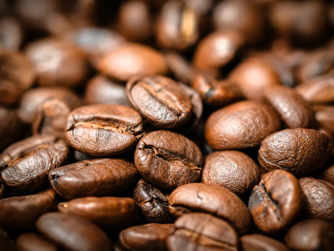 Close-up of roasted coffee beans showing their texture and distinctive center grooves