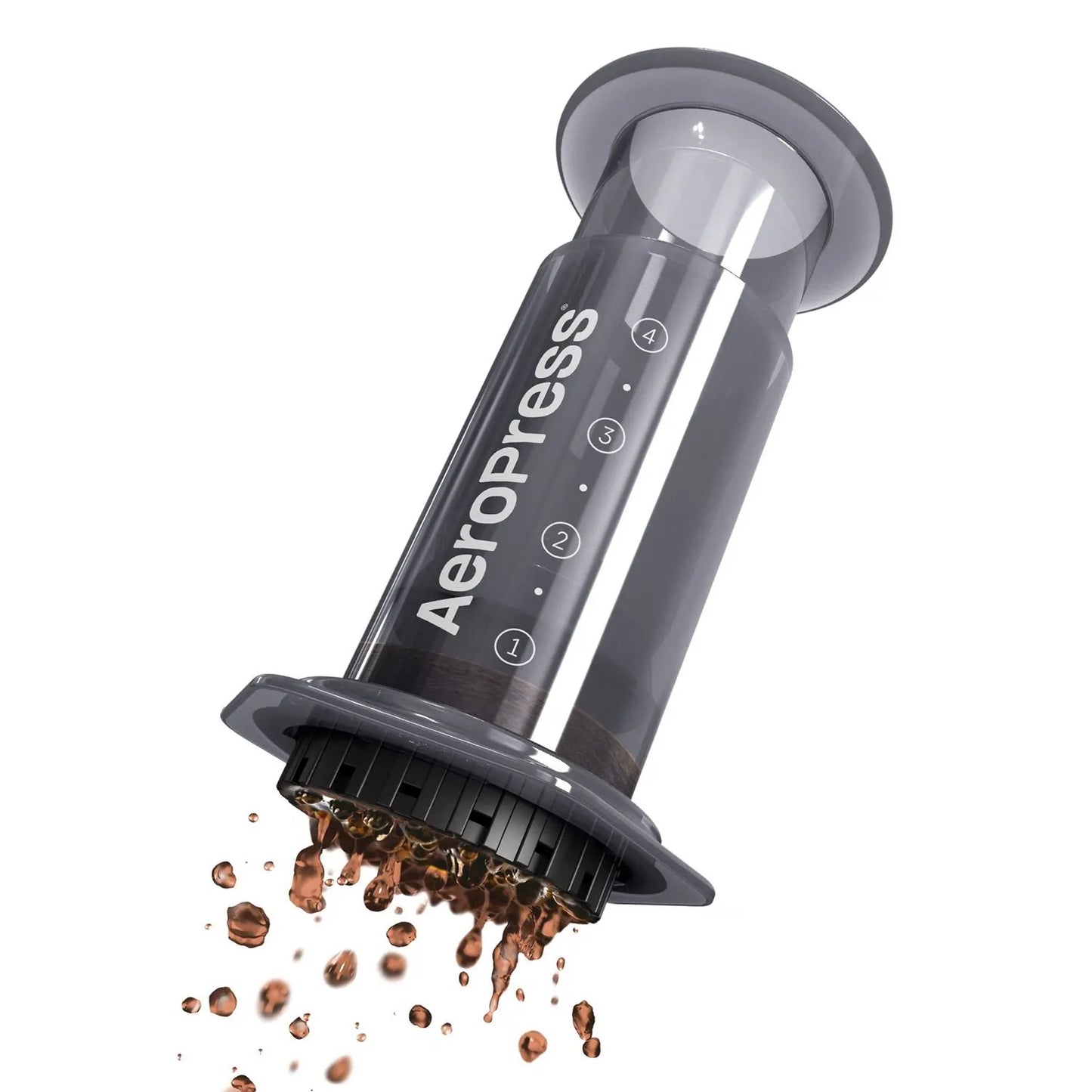 AeroPress Original – ręczny zaparzacz do kawy z tworzywa, z którego wypływa świeżo parzona kawa