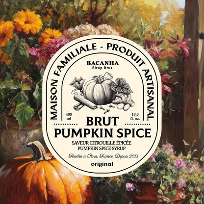 Etykieta syropu Bacanha Pumpkin Spice – syrop dyniowy z nutą przypraw, 400 ml, produkt francuski
