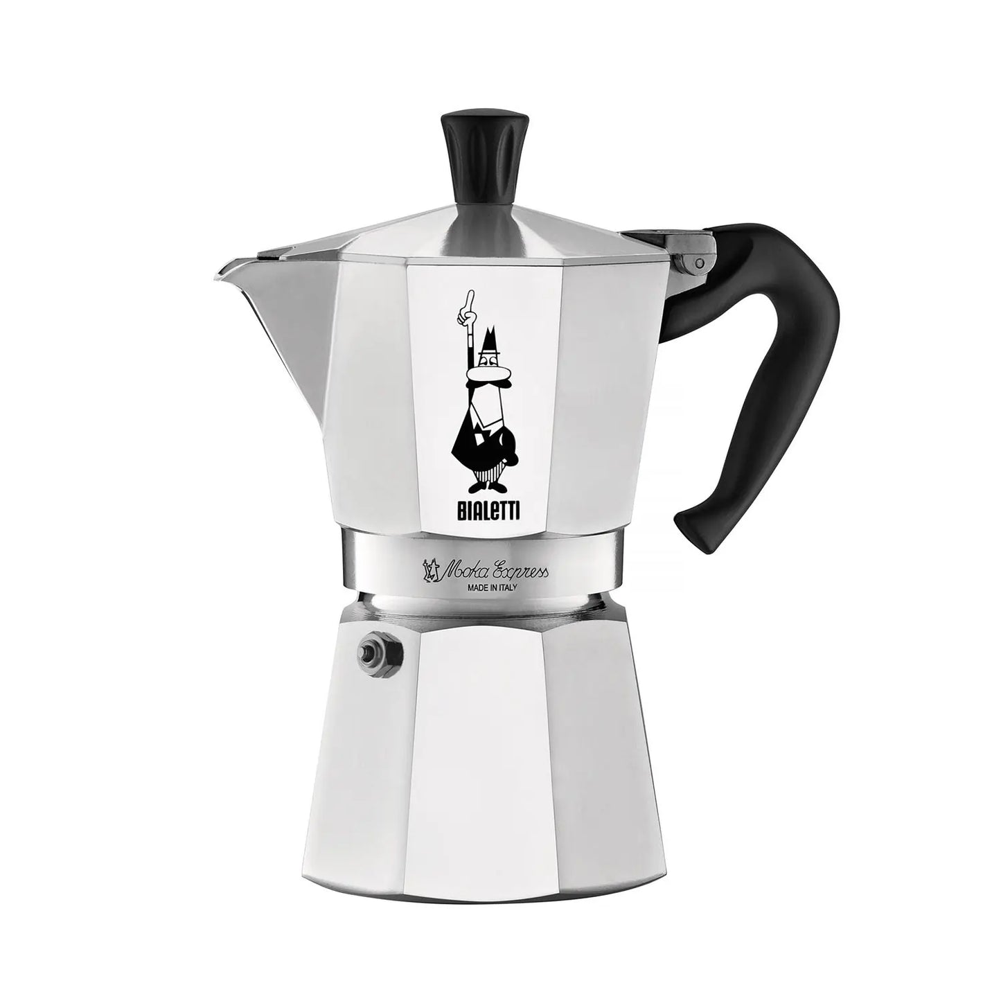 Klasyczna kawiarka Bialetti Moka Express z czarnym uchwytem i charakterystycznym logo – model wykonany z aluminium, produkowany we Włoszech.