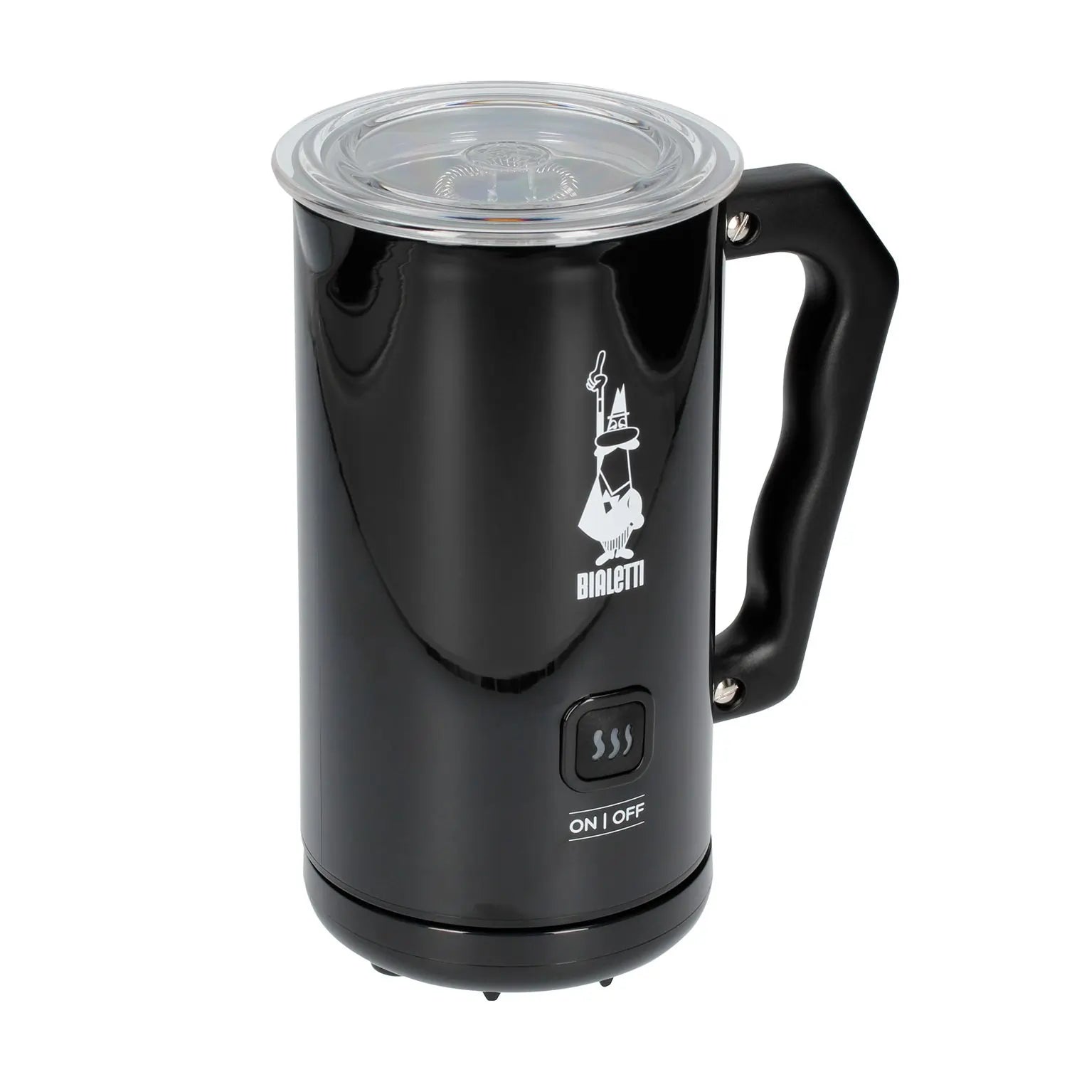 Bialetti MKF02 – czarny elektryczny spieniacz do mleka z przezroczystą pokrywką i przyciskiem ON/OFF