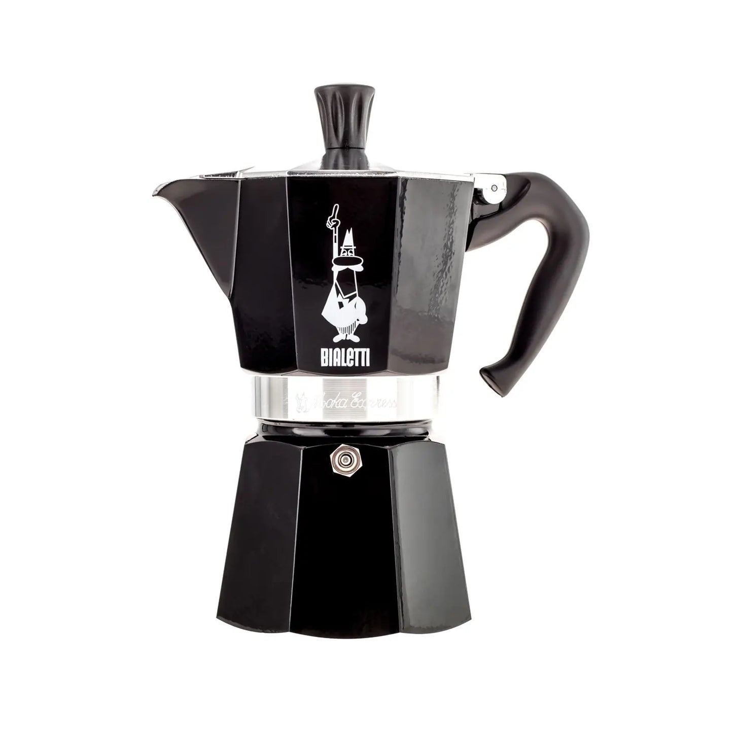  Czarna kawiarka Bialetti Moka Express 6 tz – klasyczny model z aluminiowym korpusem i czarnym, błyszczącym wykończeniem, widoczny na białym tle.