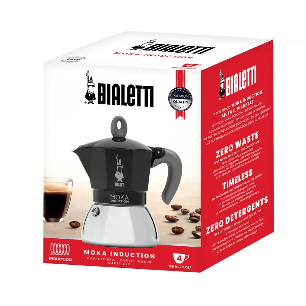Opakowanie kawiarki Bialetti Moka Induction 4TZ, pudełko produktowe z czarną kawiarką do indukcji i filiżanką espresso, zdjęcie produktowe