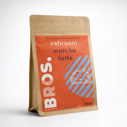 BROS Shroom Matcha Latte 100 g – matcha latte z Lion’s Mane, japońska matcha z grzybami funkcjonalnymi w opakowaniu stojącym (packshot 3/4)