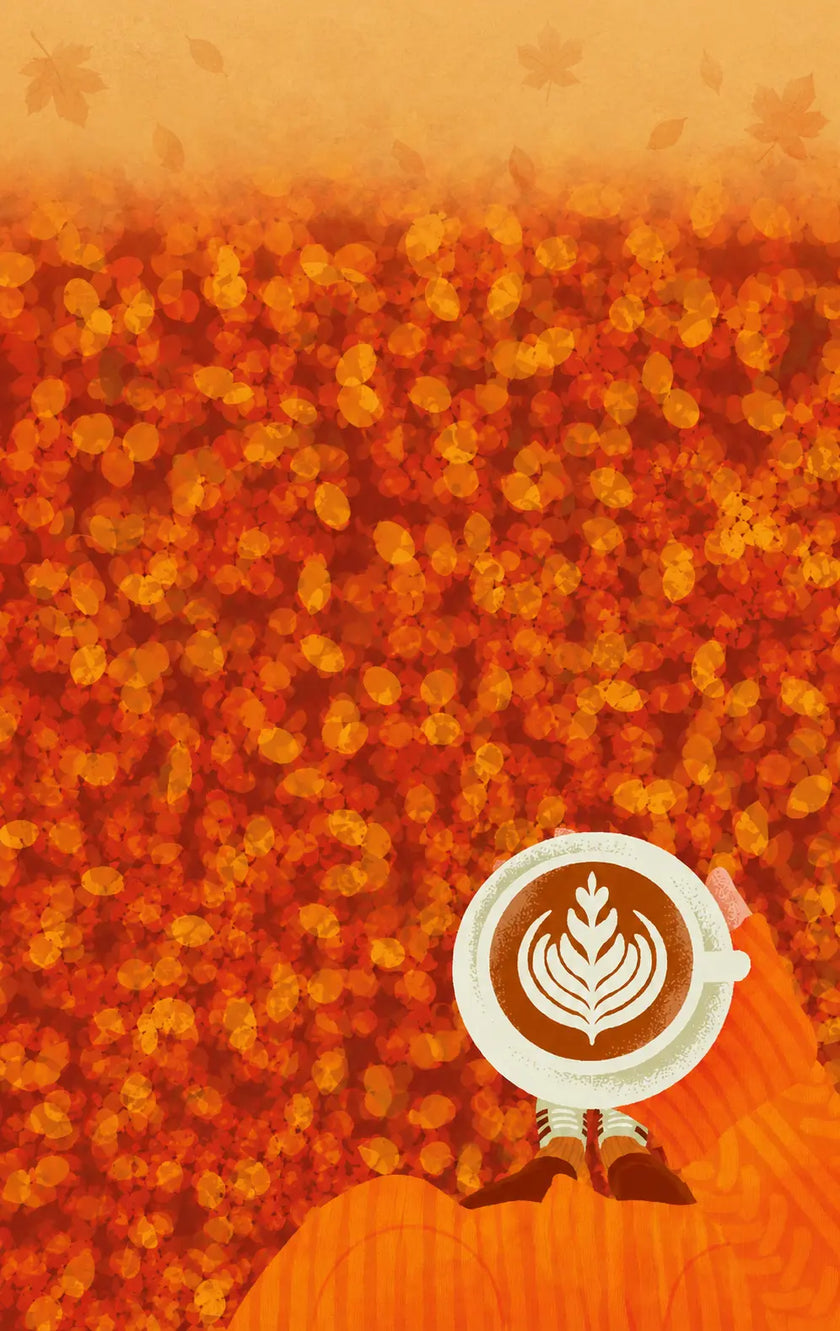 Jesienna ilustracja filiżanki kawy z latte art na tle pomarańczowych i czerwonych liści
