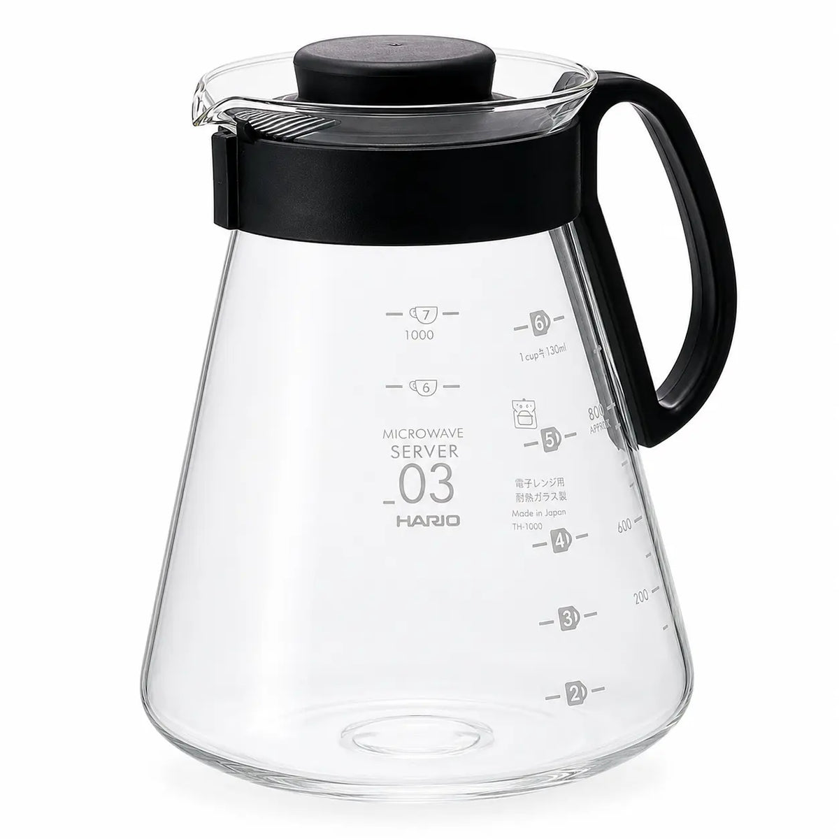 Hario V60 Range Server 03 800 ml – szklany serwer do kawy z czarną pokrywką i uchwytem