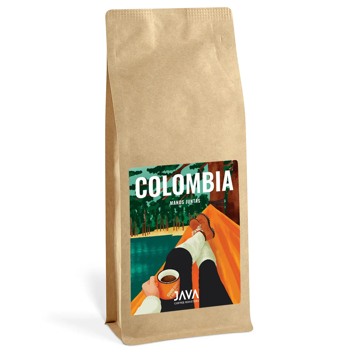 JAVA Coffee Roasters Colombia Manos Juntas 1 kg – świeżo palona kawa specialty 100% Arabika z Kolumbii, opakowanie produktu.