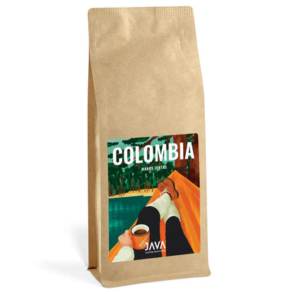 JAVA Coffee Roasters Colombia Manos Juntas 1 kg – świeżo palona kawa specialty 100% Arabika z Kolumbii, opakowanie produktu.