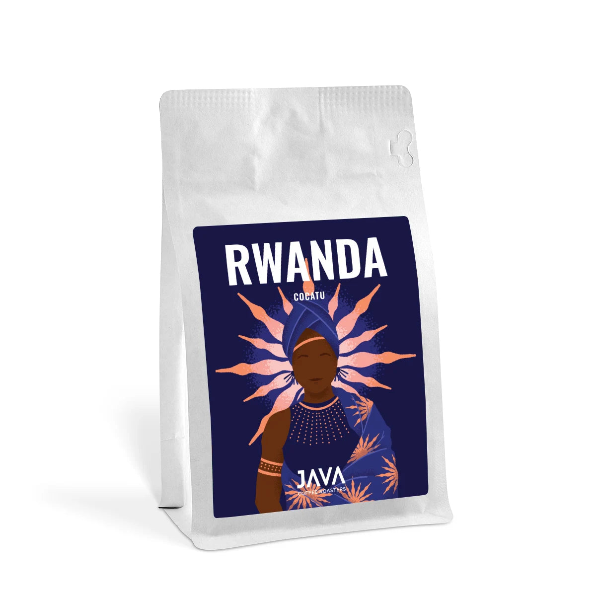 Packshot opakowania 250 g kawy specialty Rwanda Cocatu od JAVA Coffee Roasters na białym tle. Zdjęcie produktowe prezentuje autorską etykietę, opakowanie detaliczne oraz kawę specialty przeznaczoną do metod przelewowych 