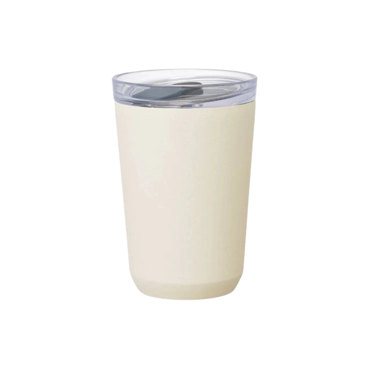 Biały kubek termiczny KINTO To Go Tumbler 360 ml z przezroczystą pokrywką na kawę i herbatę