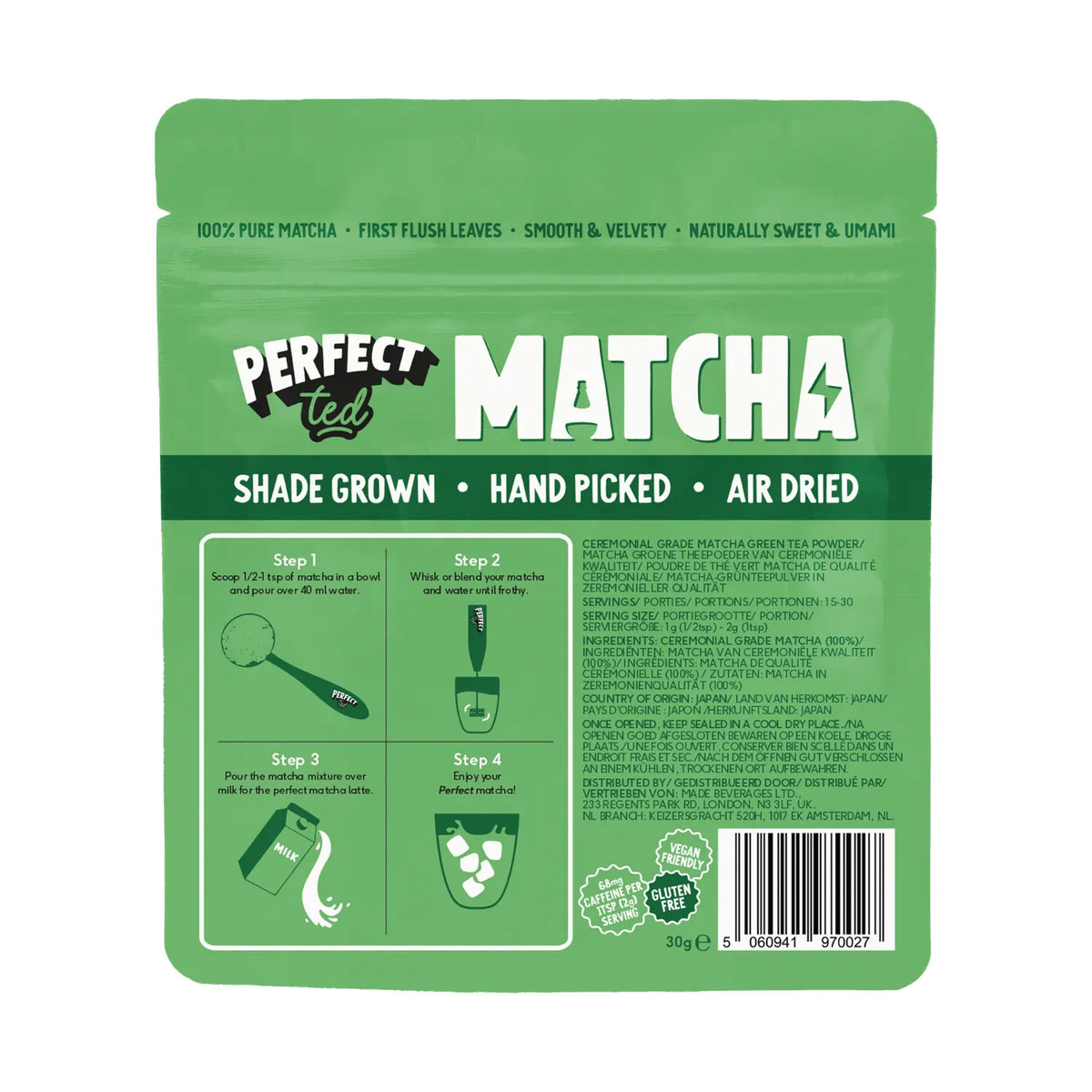 PerfectTed matcha ceremonial grade 30g – tył opakowania, sposób przygotowania matcha krok po kroku, informacje o produkcie