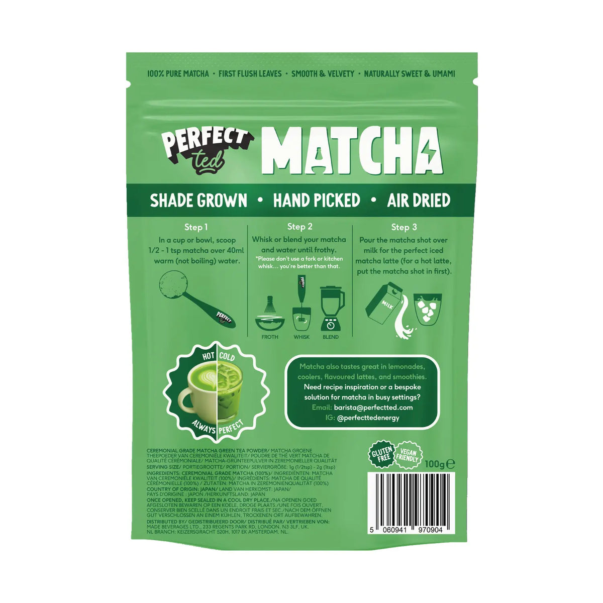 PerfectTed Matcha Ceremonial Grade 100 g – tył opakowania z instrukcją przygotowania, informacjami o produkcie i sposobach serwowania matchy