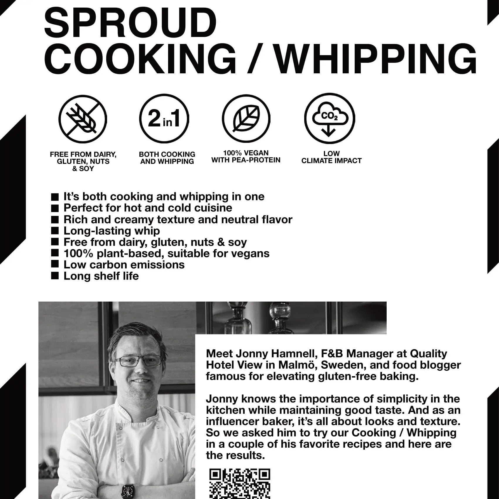 Infografika produktu Sproud Cooking / Whipping – napój 2w1 do gotowania i ubijania, 100% wegański, bez alergenów, długi termin ważności, niska emisja CO₂, rekomendowany przez szefa kuchni z Malmö