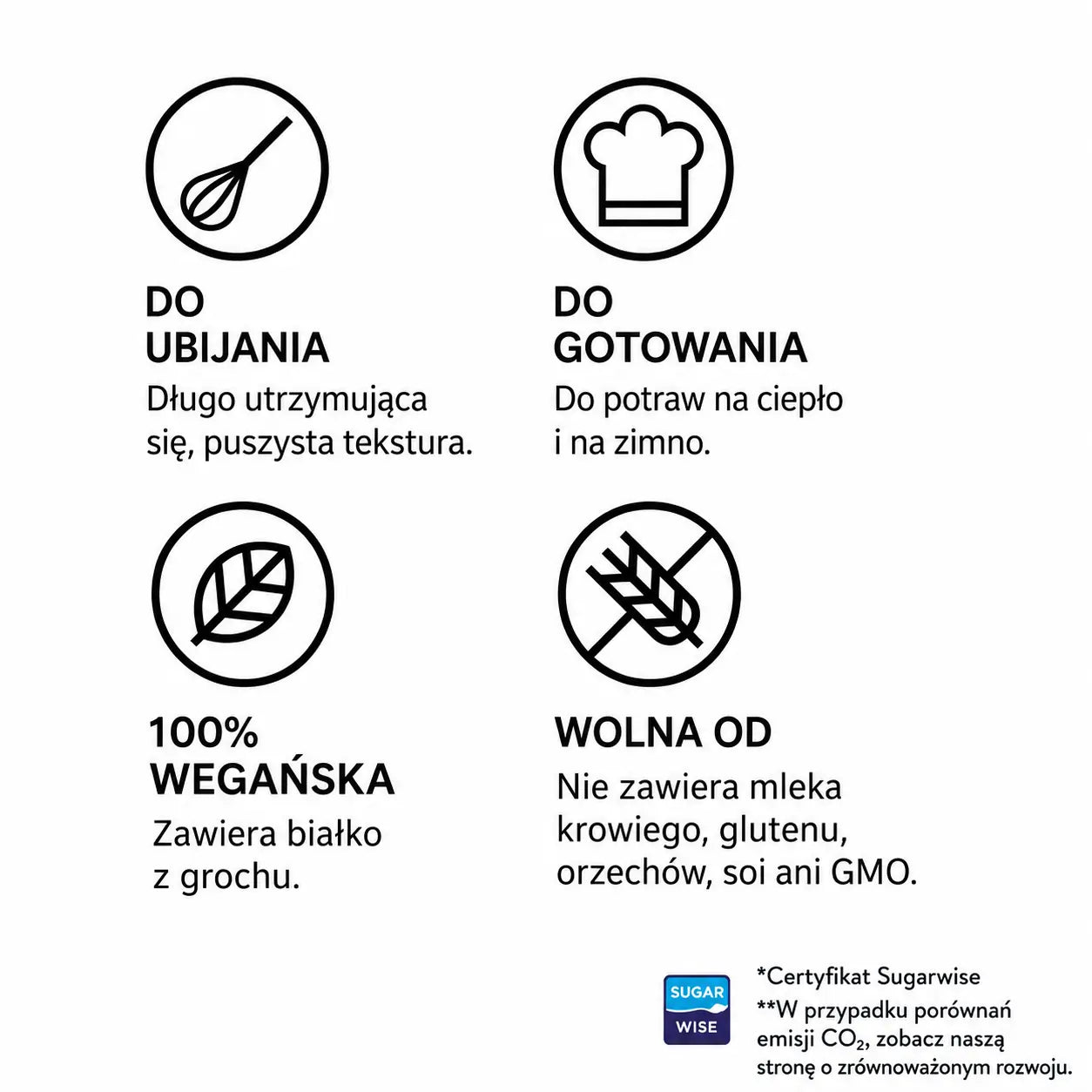 Infografika przedstawiająca najważniejsze zalety Sproud Cooking & Whipping – roślinnej śmietanki do gotowania i ubijania z białka grochu: do ubijania, do gotowania, 100% wegańska i bez mleka, glutenu, orzechów, soi oraz GMO.