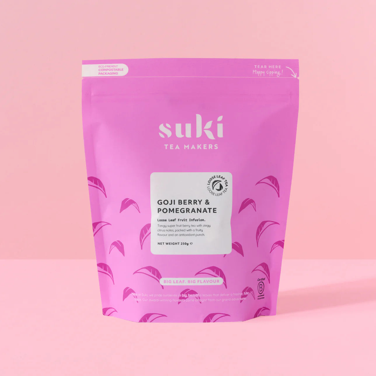 Herbata owocowa Suki Tea Goji Berry & Pomegranate 250 g – różowe opakowanie herbaty liściastej
