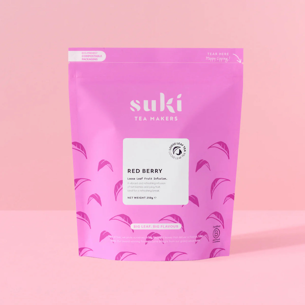 Herbata owocowa Suki Tea Red Berry 250 g – różowe opakowanie herbaty liściastej