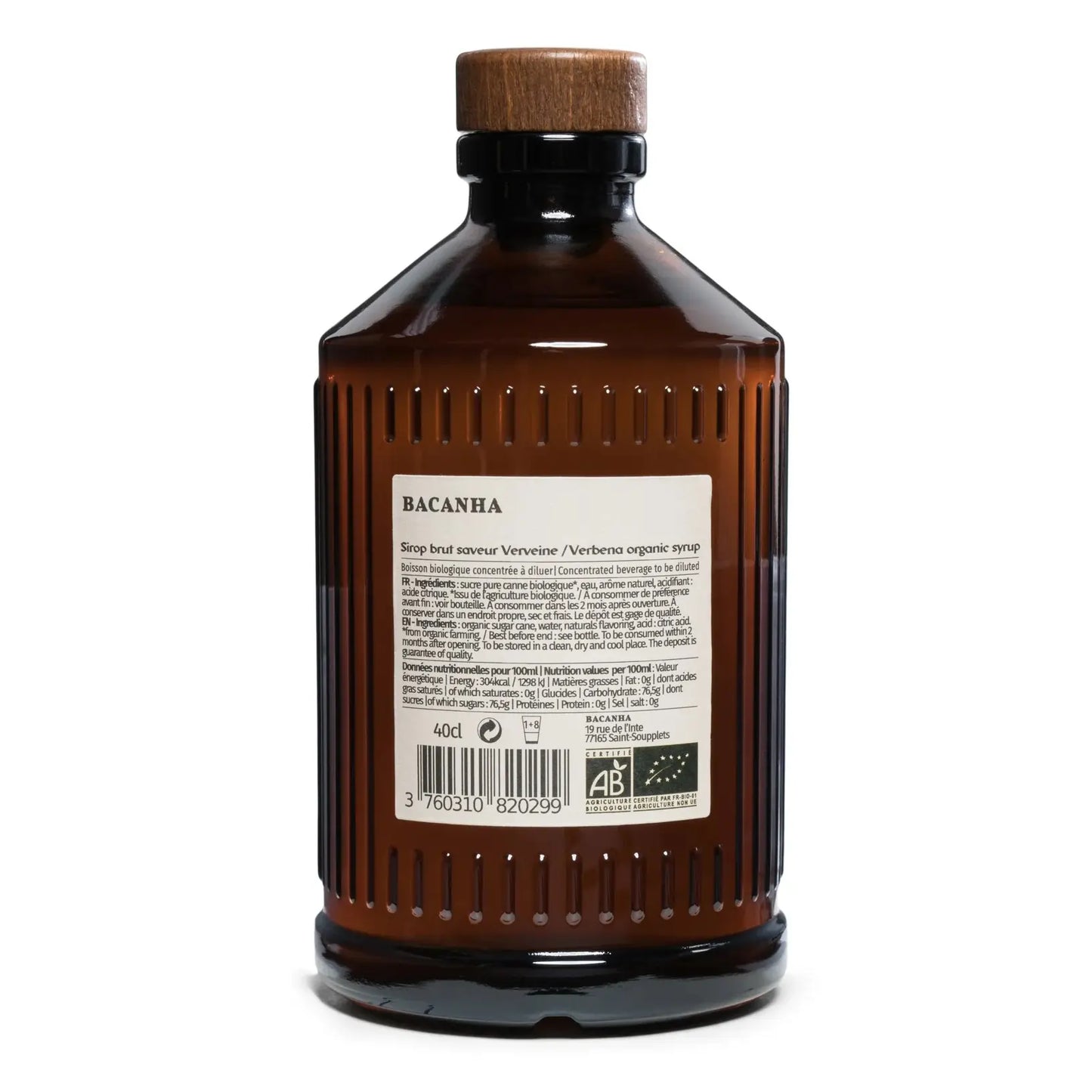 Syrop Bacanha Brut Verveine organic 400 ml – tylna etykieta, skład i wartości odżywcze