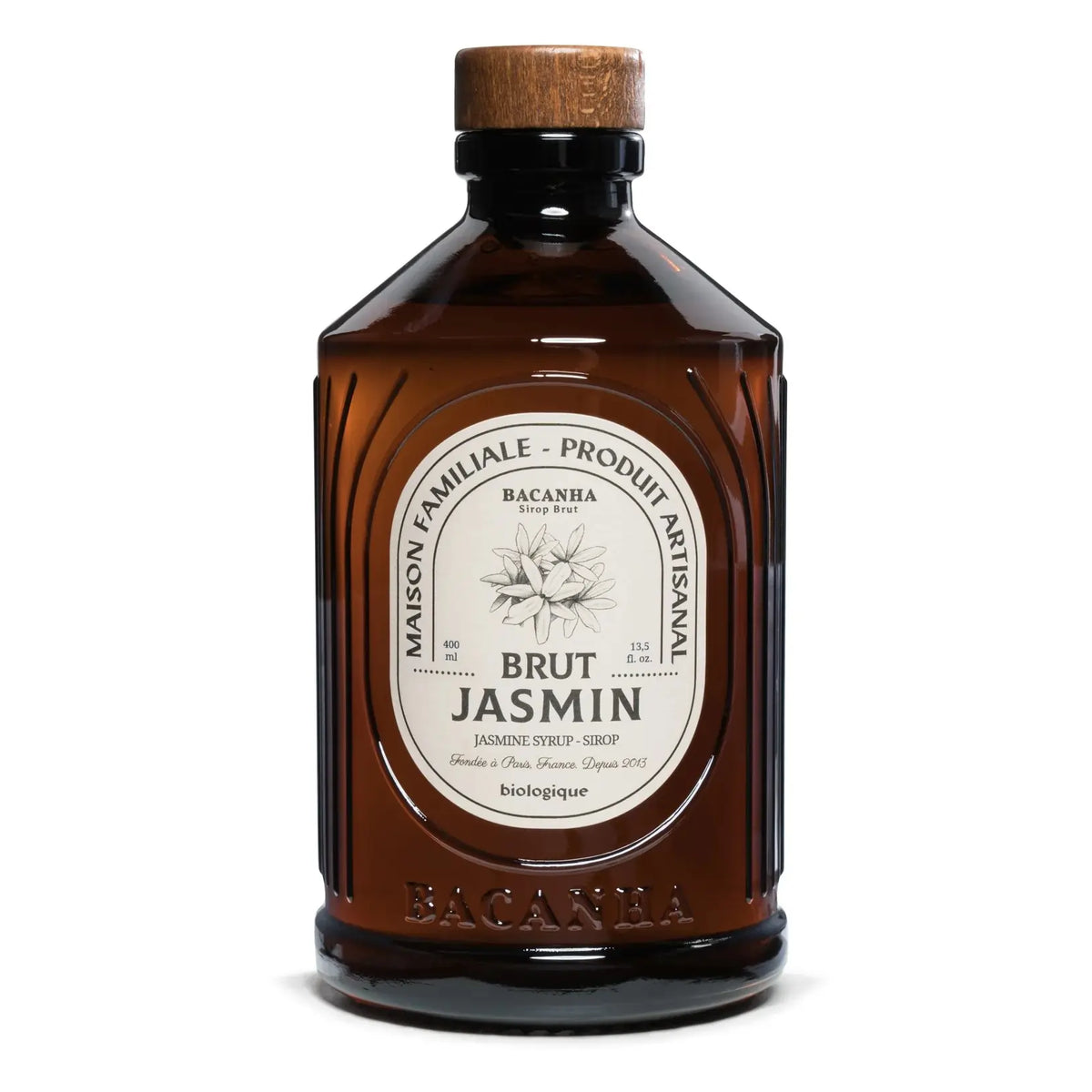 Butelka syropu Bacanha Brut Jasmin – organiczny syrop jaśminowy w brązowym szkle z drewnianym korkiem, widok z przodu.