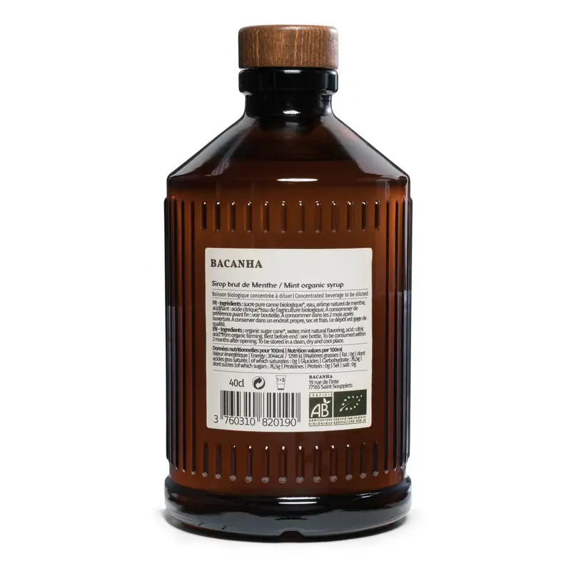 Tył butelki syropu miętowego Bacanha Brut Menthe BIO 400 ml – skład, wartości odżywcze i informacje producenta