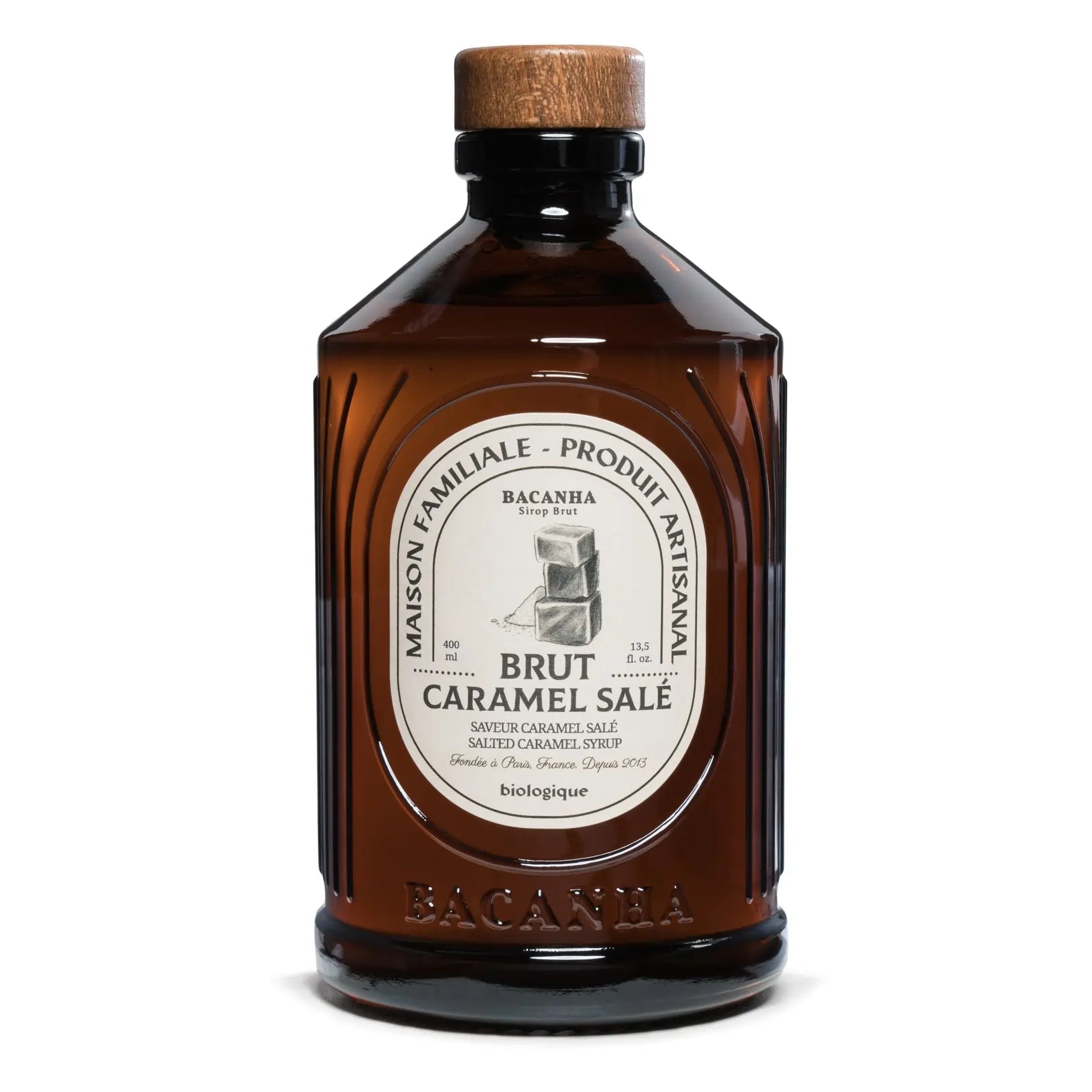 Syrop Bacanha Brut Caramel Salé BIO 400 ml – francuski syrop ze słonego karmelu w szklanej butelce, idealny do kawy, deserów i napojów