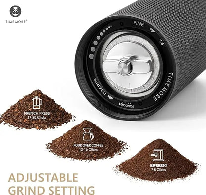 Pokrętło regulacji stopnia mielenia w młynku Timemore C3S Pro z oznaczeniami do espresso, pour-over i French Press – pokazane wraz z wizualizacją trzech stopni zmielenia kawy.