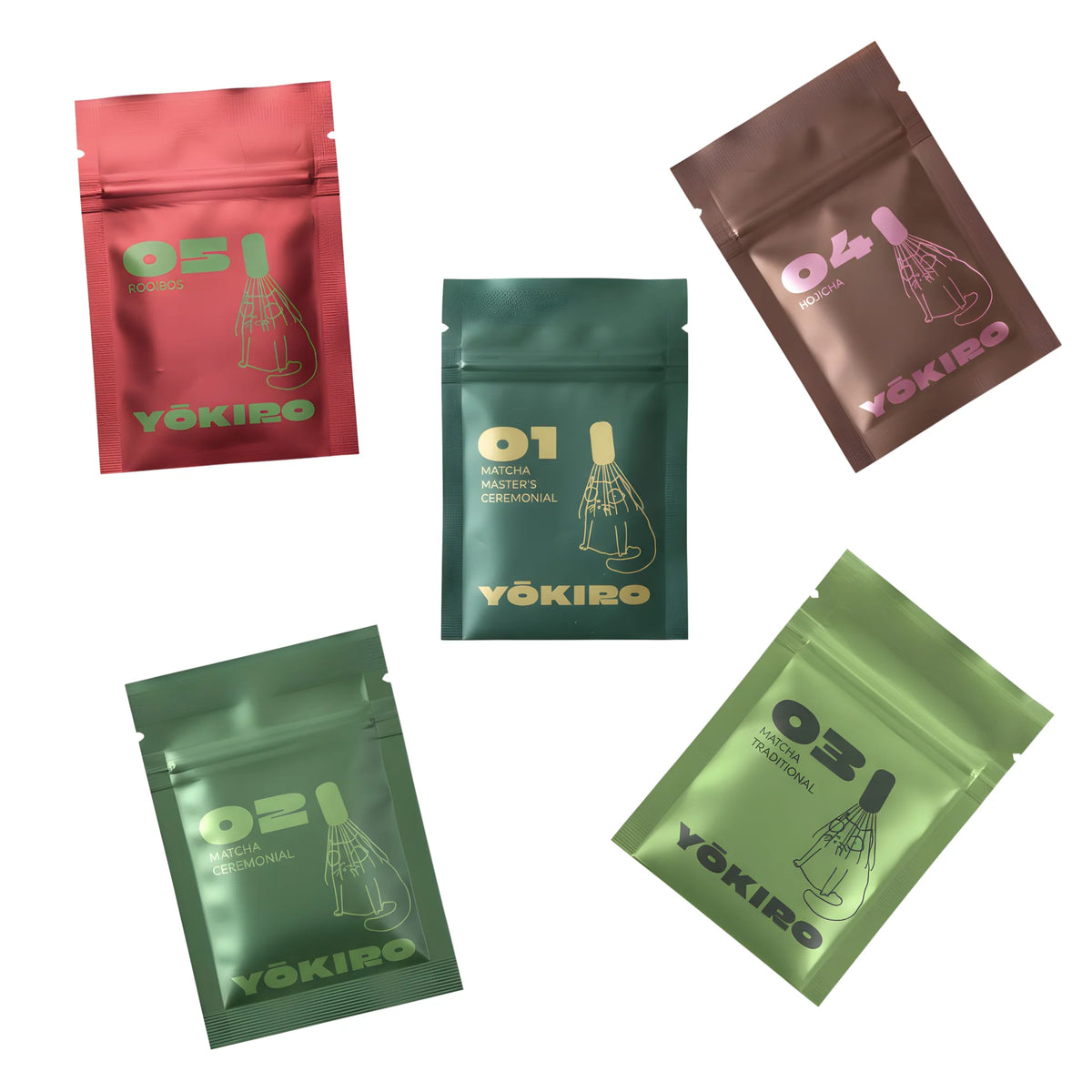 Zestaw próbek Yōkiro – matcha ceremonialna, matcha traditional, hojicha i rooibos w kolorowych saszetkach na białym tle.